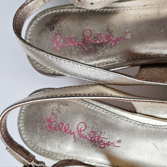 Lilly Pulitzer Gigi Gold Metallic Peep Toe Wedge Sandals Slingback Size 6 - Picture 16 of 16
